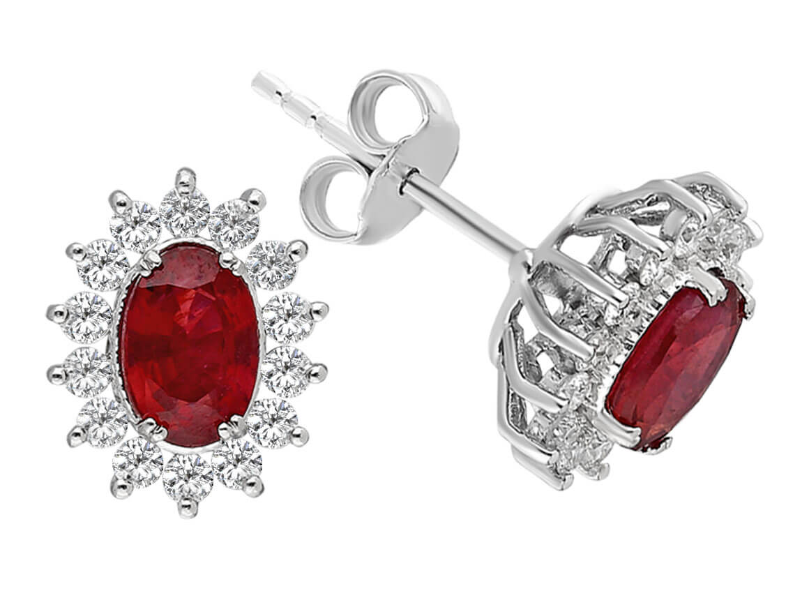 Diamant und Oval Rubin Ohrringe in 14 K Weissgold - handgefertigter Diamantschmuck aus Feingold | Sirius Diamant