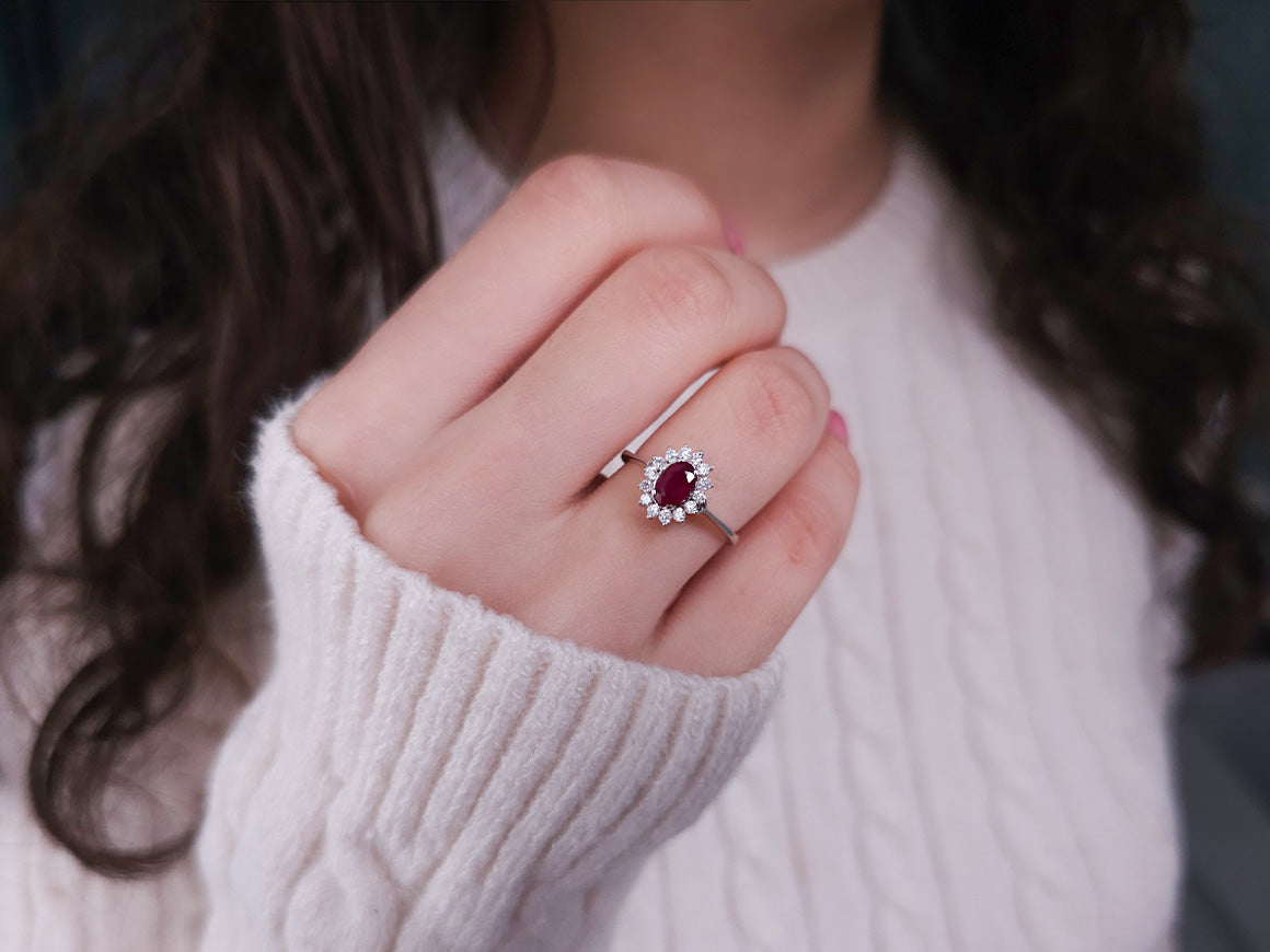 Diamond and oval cut ruby jewelry set in 14 carat white gold