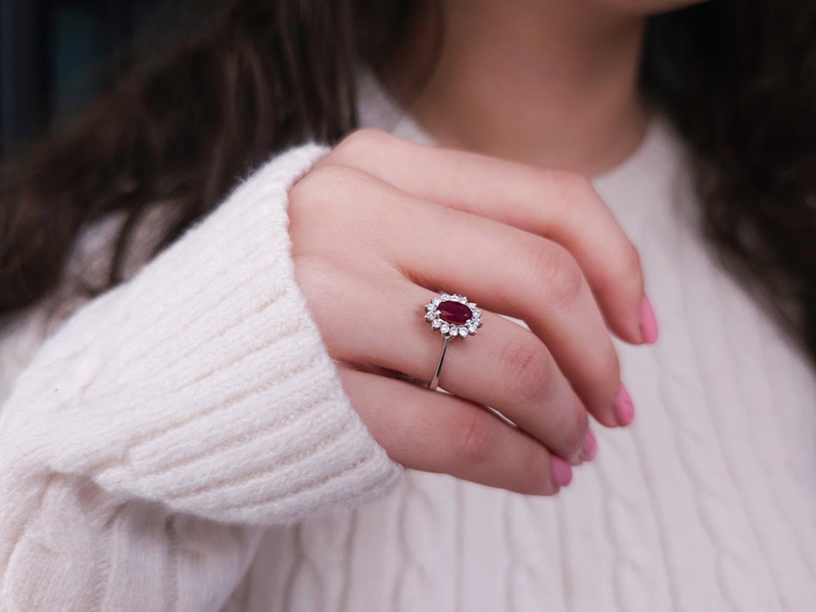 Diamond and oval cut ruby jewelry set in 14 carat white gold