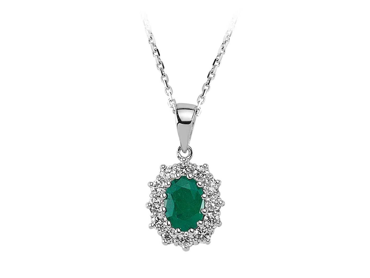 Diamond and oval cut emerald necklace in 14 K white gold