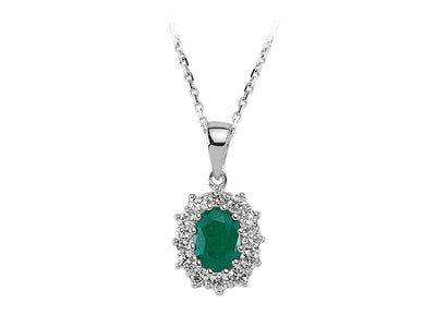 Diamond and oval cut emerald necklace in 14 K white gold