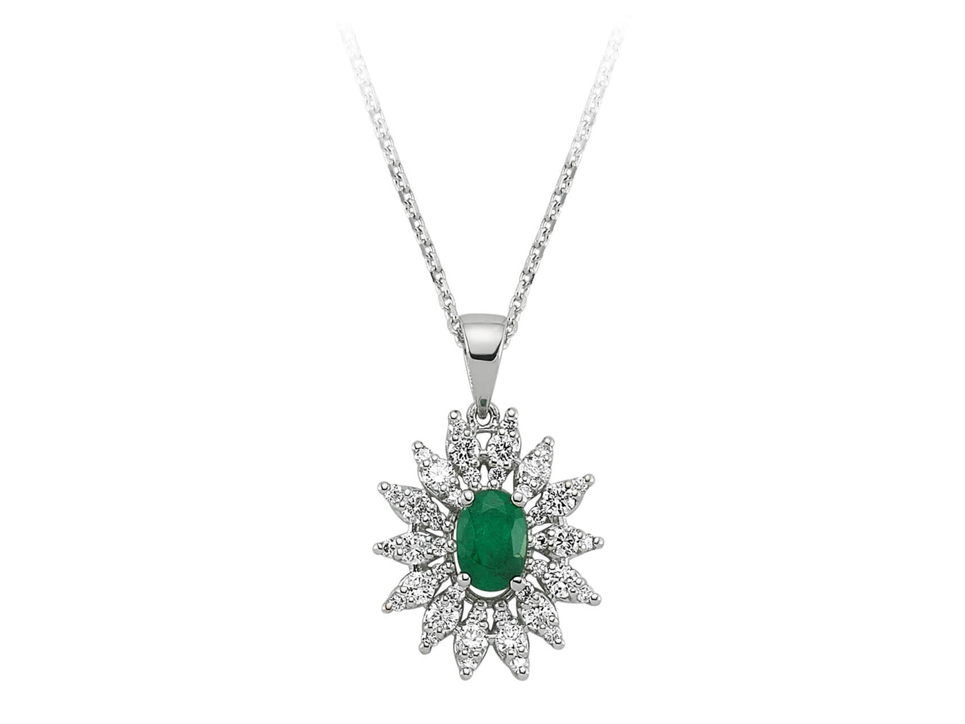 Diamond and oval emerald necklace in 18 K white gold