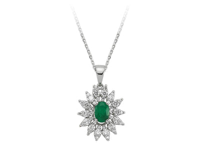 Diamond and oval emerald necklace in 18 K white gold