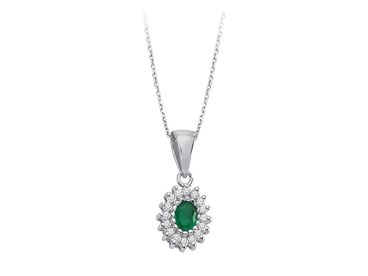 Diamant und Oval Smaragd Entourage Kollier in 18 K Weißgold - handgefertigter Diamantschmuck aus Feingold | Sirius Diamant