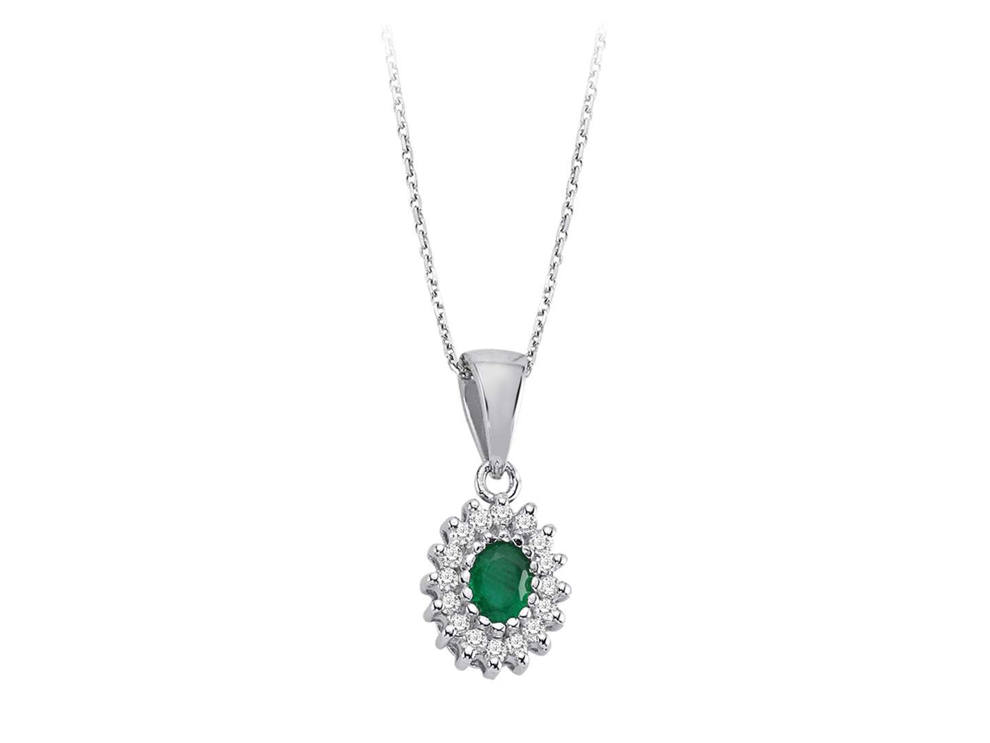 Diamond and oval emerald entourage necklace in 18 K white gold