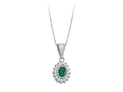 Diamond and oval emerald entourage necklace in 18 K white gold