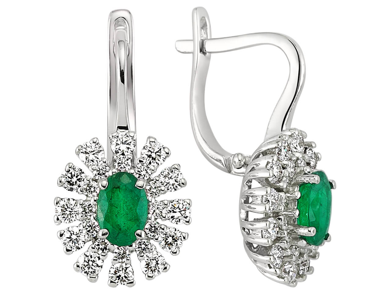Diamond and oval emerald earrings in 14 carat white gold
