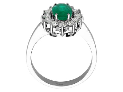 Diamond and oval emerald ring in 14K white gold