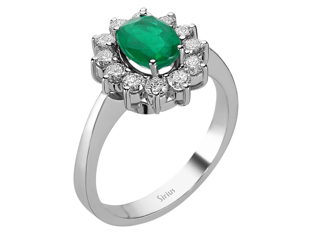 Diamond and oval emerald ring in 14K white gold