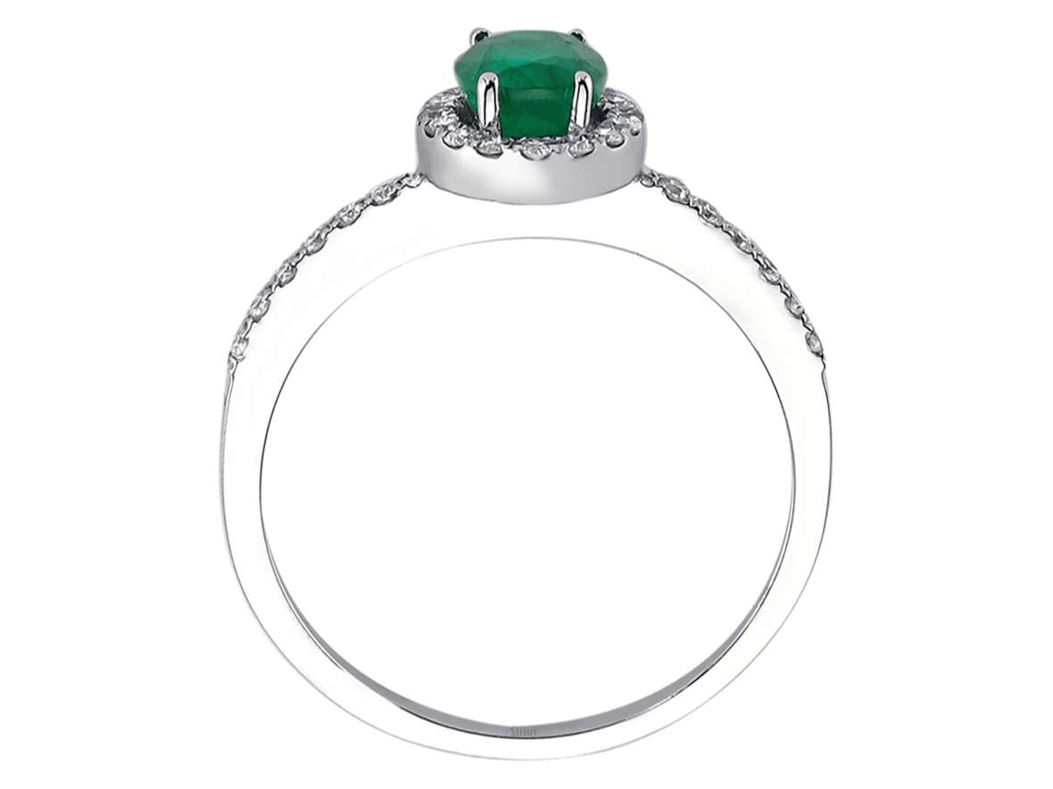Diamond and oval emerald ring in 14 K white gold