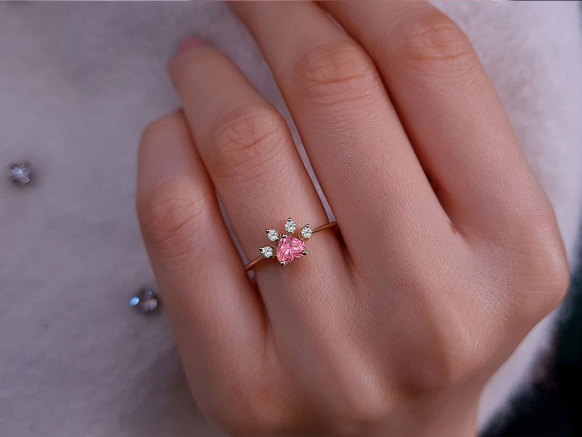Diamond and pink tourmaline cat paw ring in 14K red gold