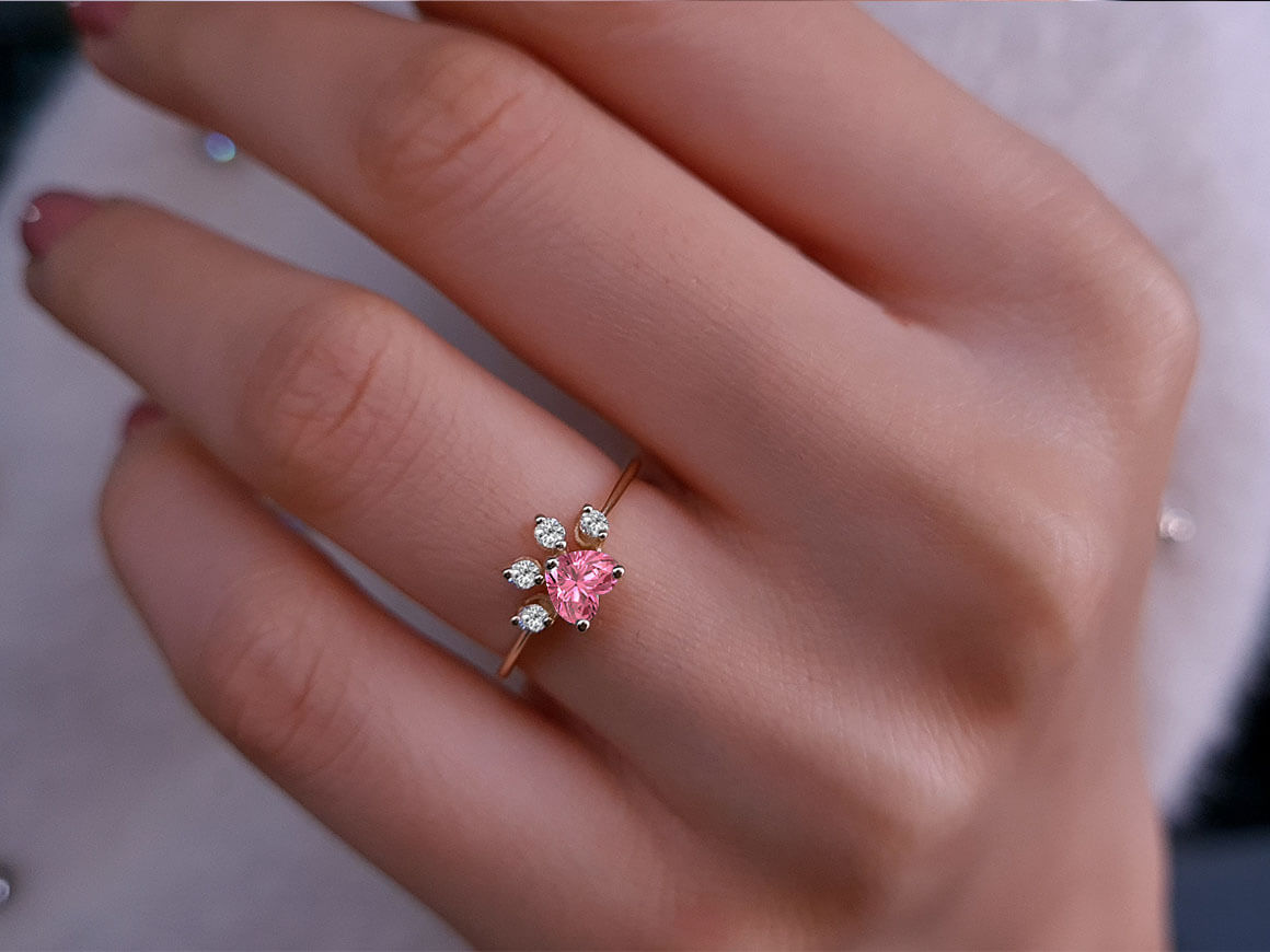 Diamond and pink tourmaline cat paw ring in 14K red gold