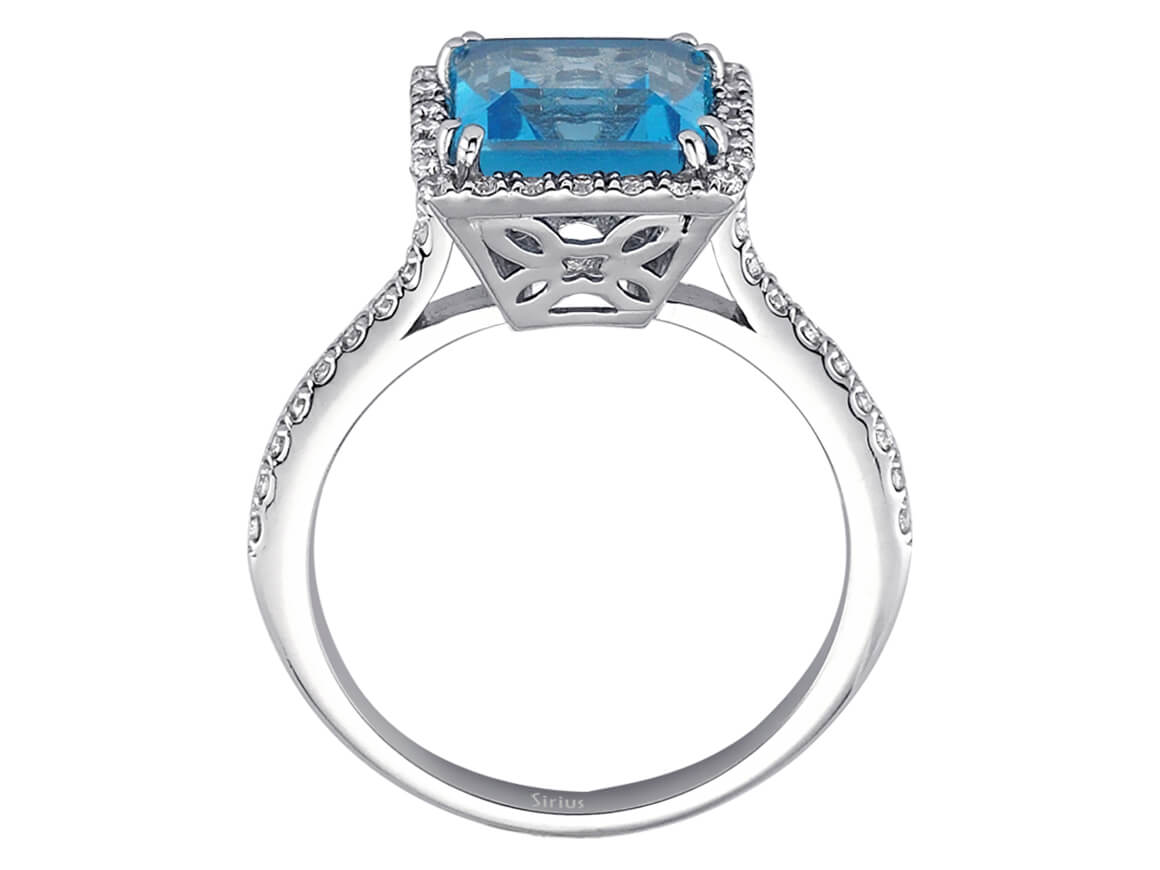 Diamant und Princess-Schliff Blauer Topas Ring - handgefertigter Diamantschmuck aus Feingold | Sirius Diamant