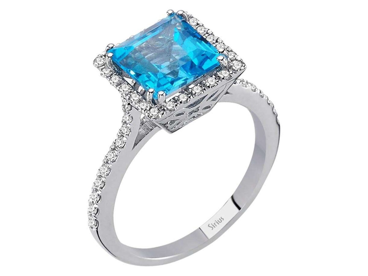 Diamant und Princess-Schliff Blauer Topas Ring - handgefertigter Diamantschmuck aus Feingold | Sirius Diamant