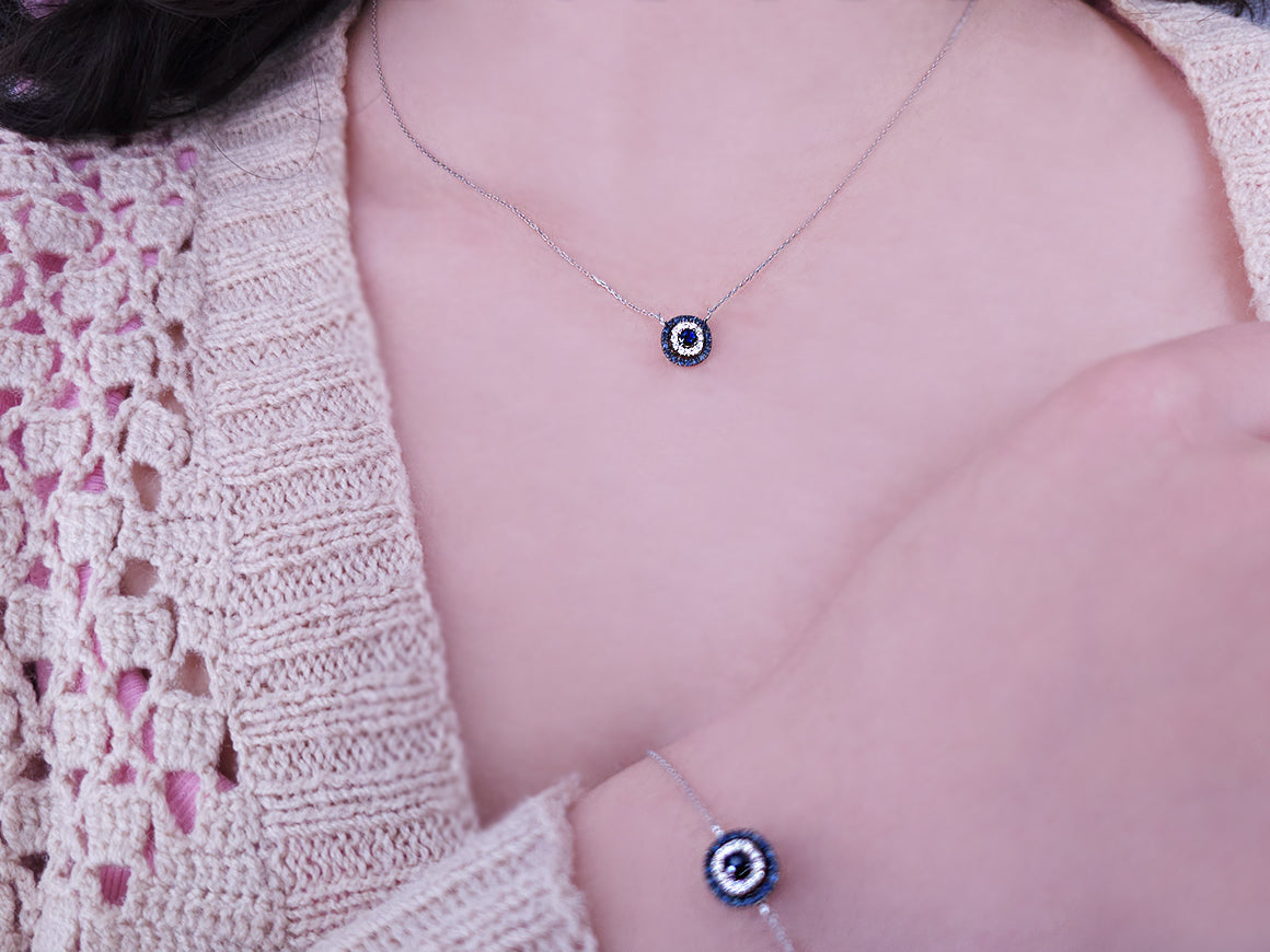 Diamond and sapphire design necklace in 14K white gold