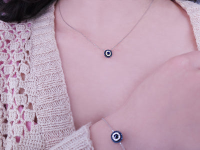 Diamond and sapphire design necklace in 14K white gold