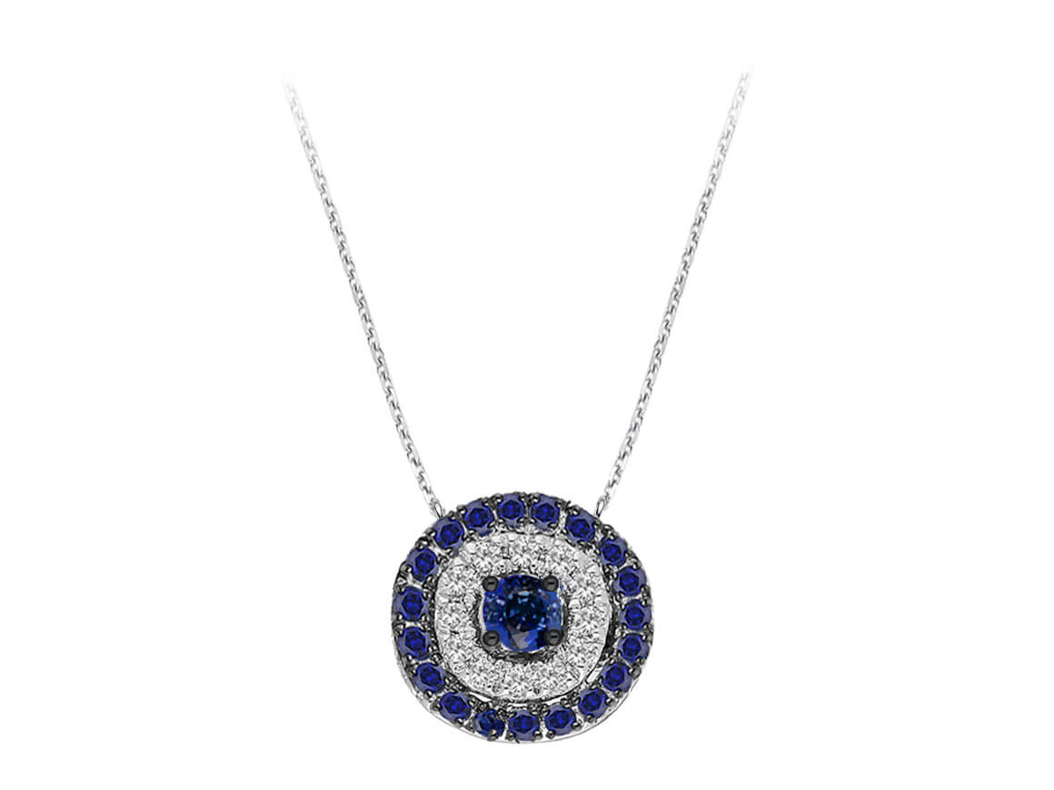 Diamond and sapphire design necklace in 14K white gold