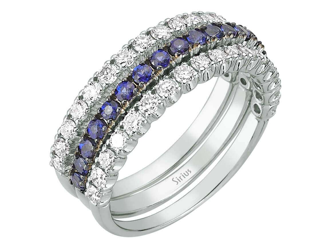 Diamant und Saphir 3 Ringe Allianz in 585er 14 Karat Weißgold - handgefertigter Diamantschmuck aus Feingold | Sirius Diamant