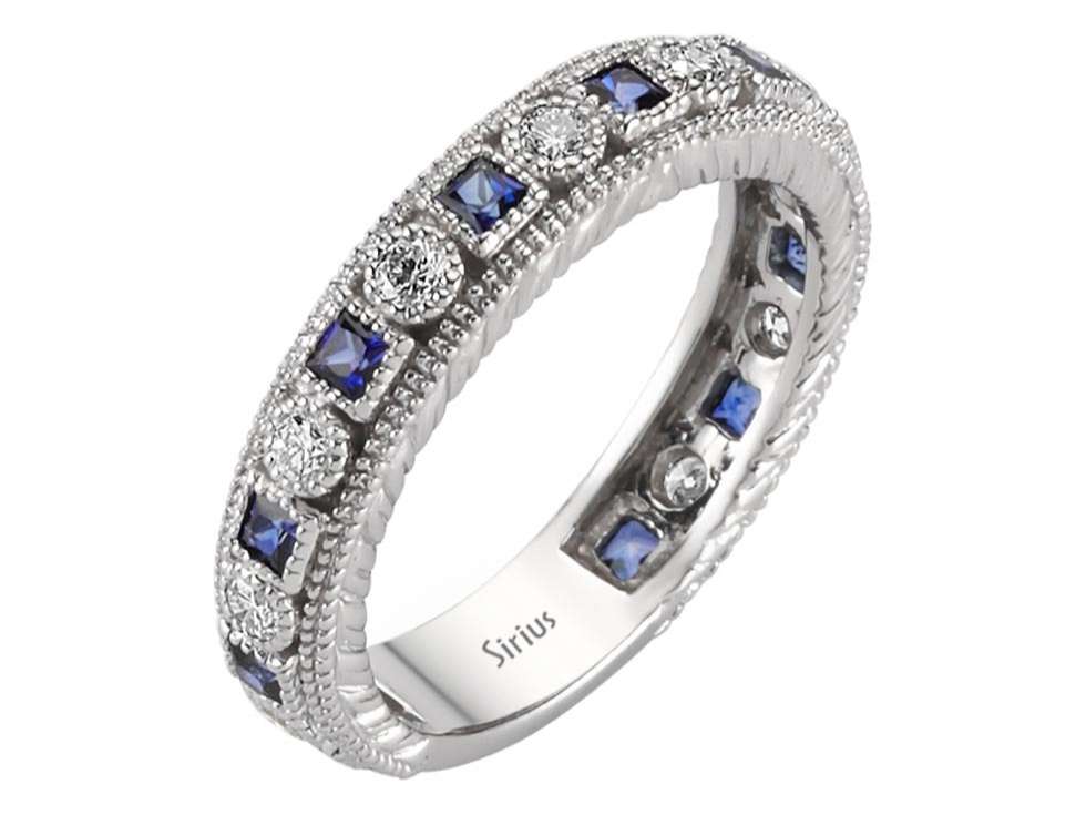 Diamant und Prinzessin Saphir rundum Allianz - handgefertigter Diamantschmuck aus Feingold | Sirius Diamant