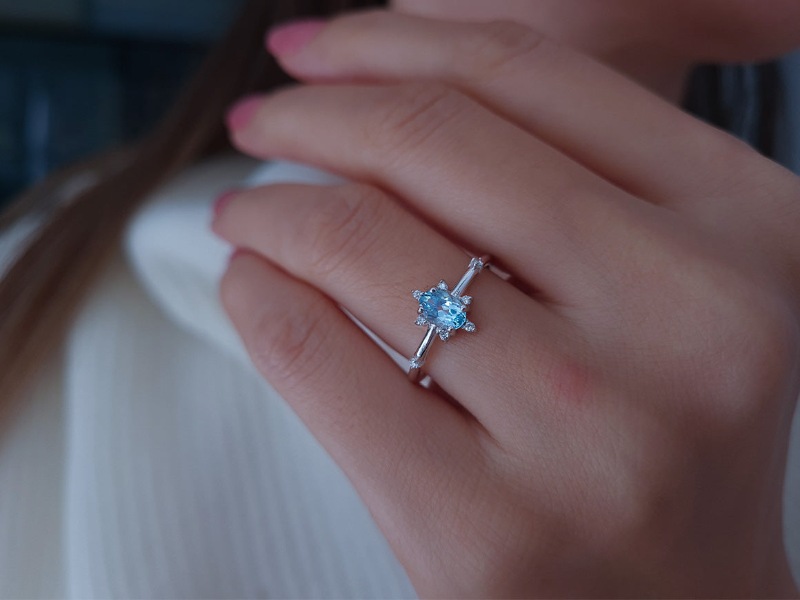 Ice crystal ring with diamond and sky blue topaz