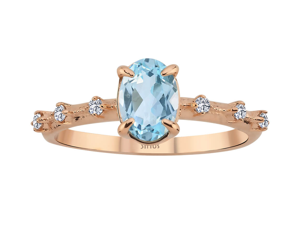 Elena-Ring mit Diamanten und skyblauen Topas-Steinen - handgefertigter Diamantschmuck aus Feingold | Sirius Diamant
