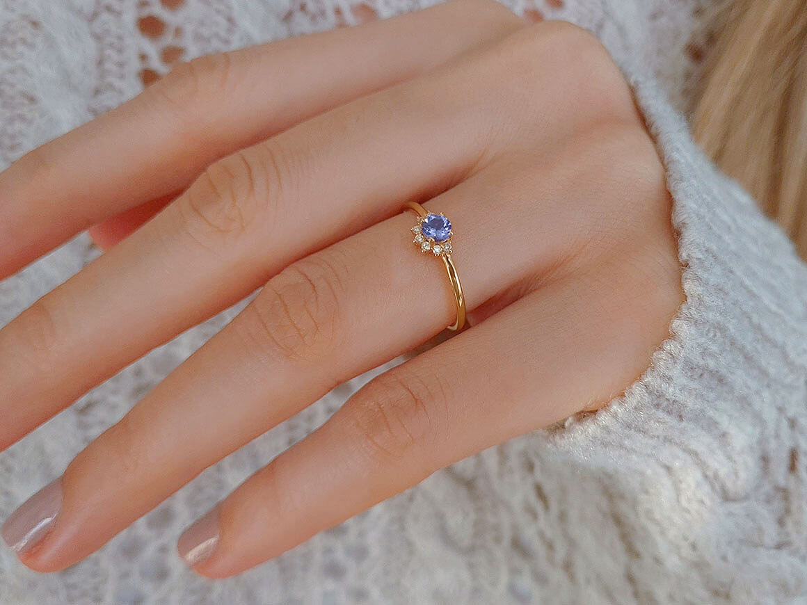 Bague Chi en or rose 14 carats avec diamants et tanzanite AAA