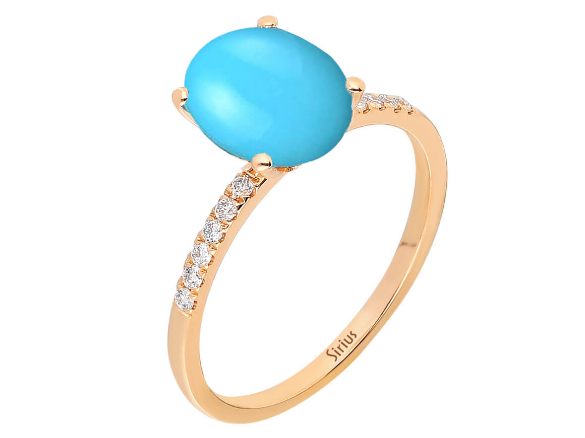 Diamond and oval turquoise ring in 14K red gold