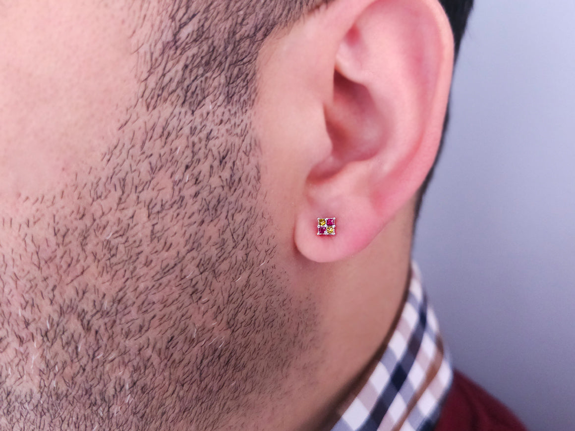 Diamant- und Rubin-Gelb-Rot-Herrenohrringe - handgefertigter Diamantschmuck aus Feingold | Sirius Diamant