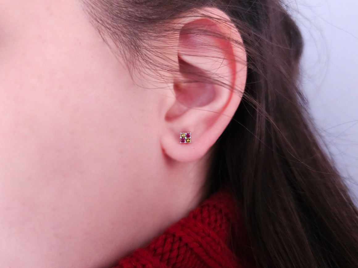 Diamant- und Rubin-Gelb-Rot-Ohrringe - handgefertigter Diamantschmuck aus Feingold | Sirius Diamant