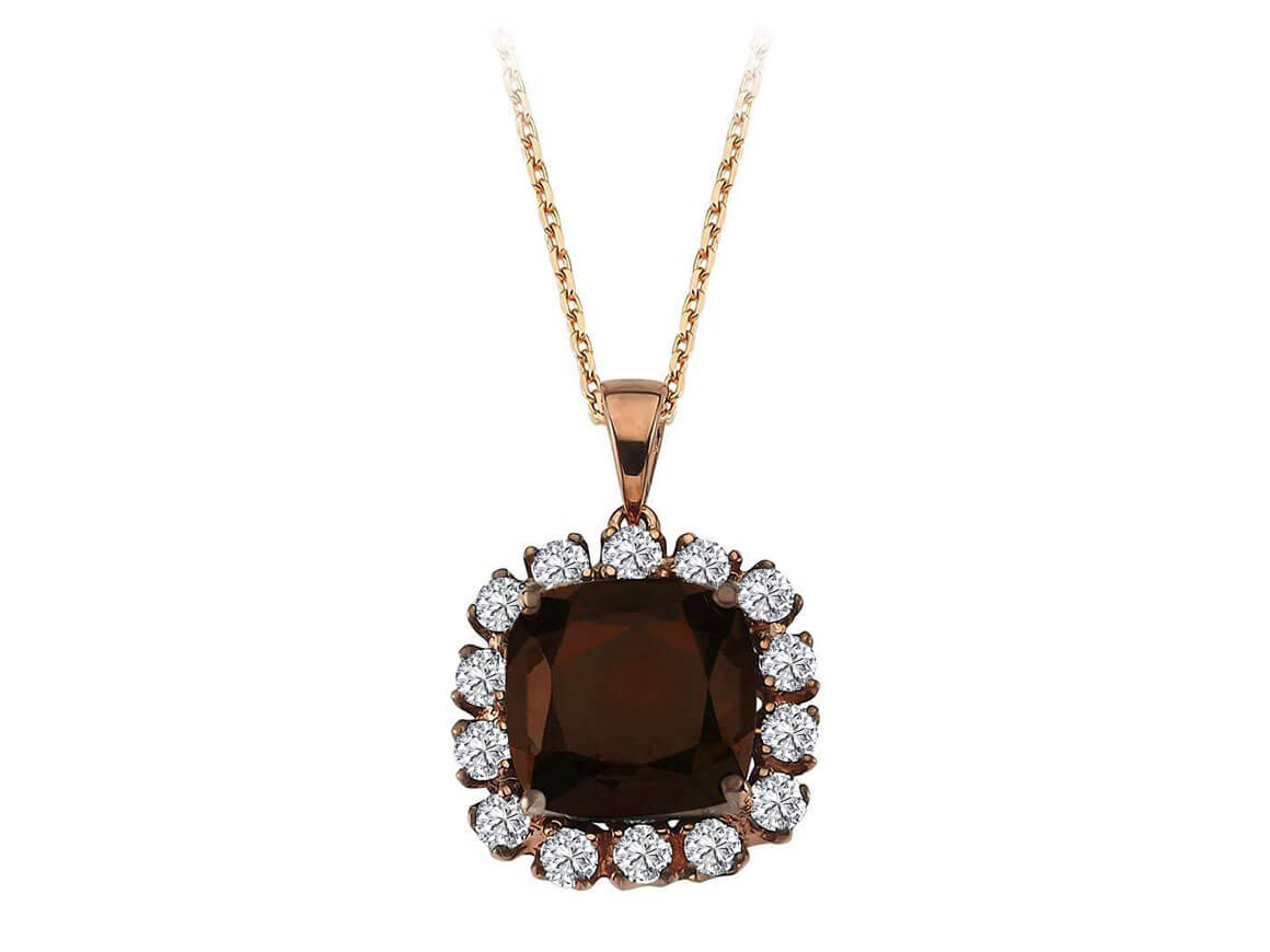 Diamond and cushion cut smoky quartz necklace in 18 carat red gold / rose gold