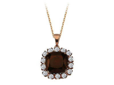 Diamond and cushion cut smoky quartz necklace in 18 carat red gold / rose gold