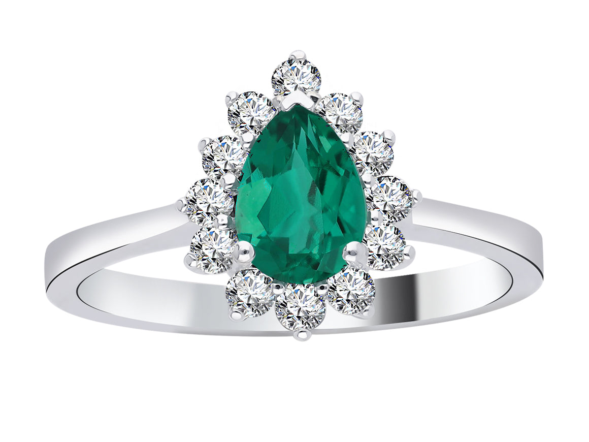 Diamond and drop emerald ring in 14 K white gold