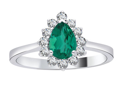 Diamond and drop emerald ring in 14 K white gold