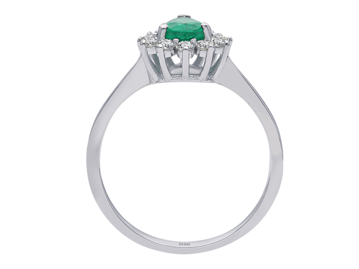 Diamond and drop emerald ring in 14 K white gold