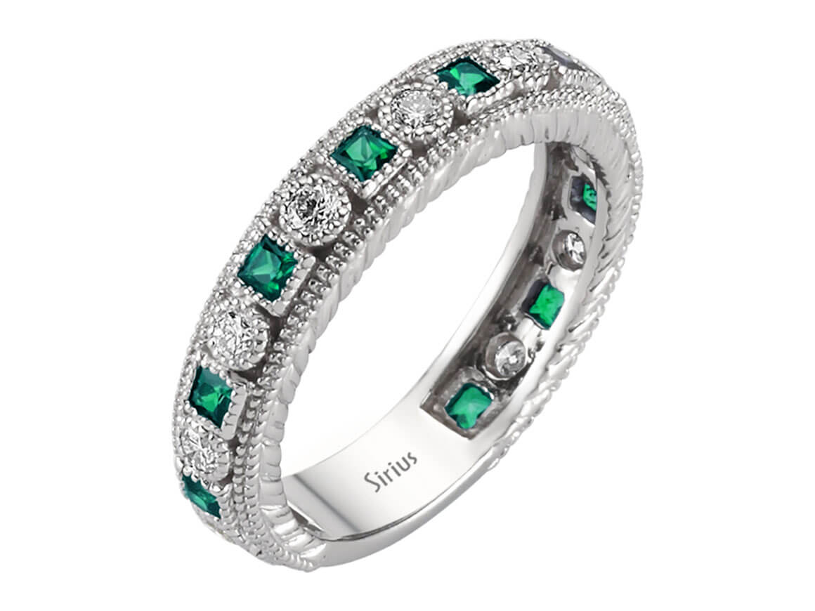 Diamant und Smaragd rundum Allianz - handgefertigter Diamantschmuck aus Feingold | Sirius Diamant