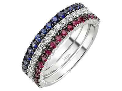 Diamond, ruby and sapphire half-round three-piece alliance in 14k white gold