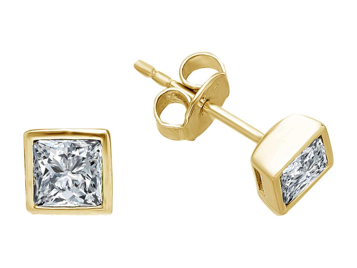 0.34 carat princess-cut solitaire yellow gold diamond earrings