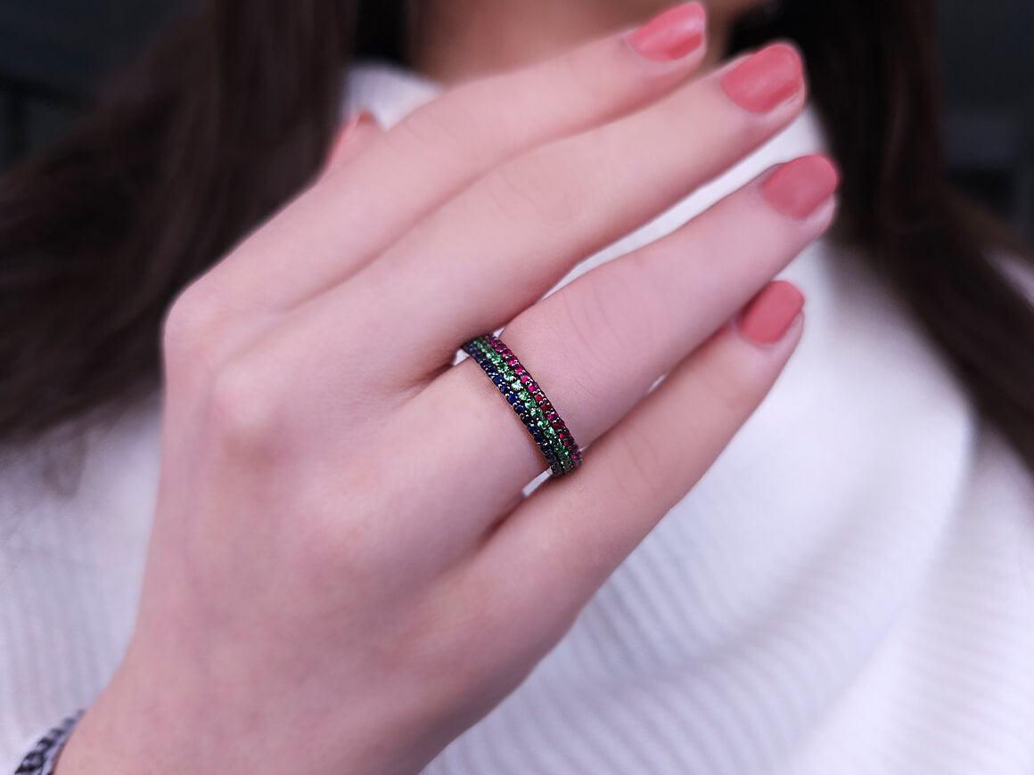 3-piece wrap-around ring with ruby, sapphire, and tsavorites in 14K gold