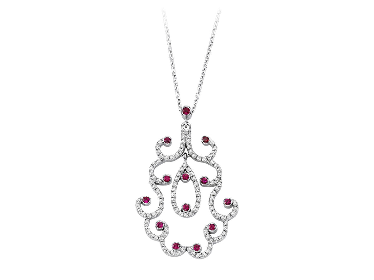Diamant und Rubin Girift Motiv Collier in 14 K Weißgold - handgefertigter Diamantschmuck aus Feingold | Sirius Diamant