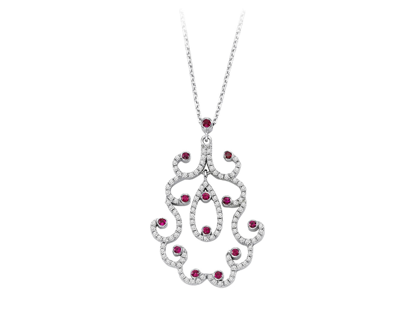 Diamond and ruby girift motif necklace in 14 K white gold