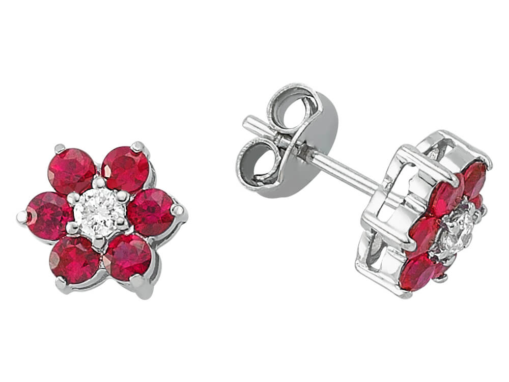 Diamant und Rubin Gänseblümchen Ohrringe - handgefertigter Diamantschmuck aus Feingold | Sirius Diamant