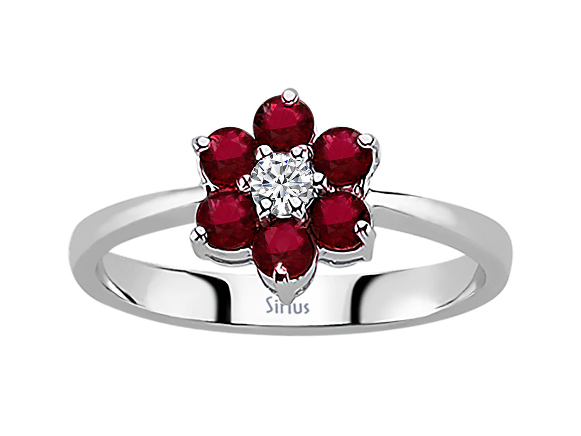 Diamant und Rubin Gänseblümchen Ring - handgefertigter Diamantschmuck aus Feingold | Sirius Diamant