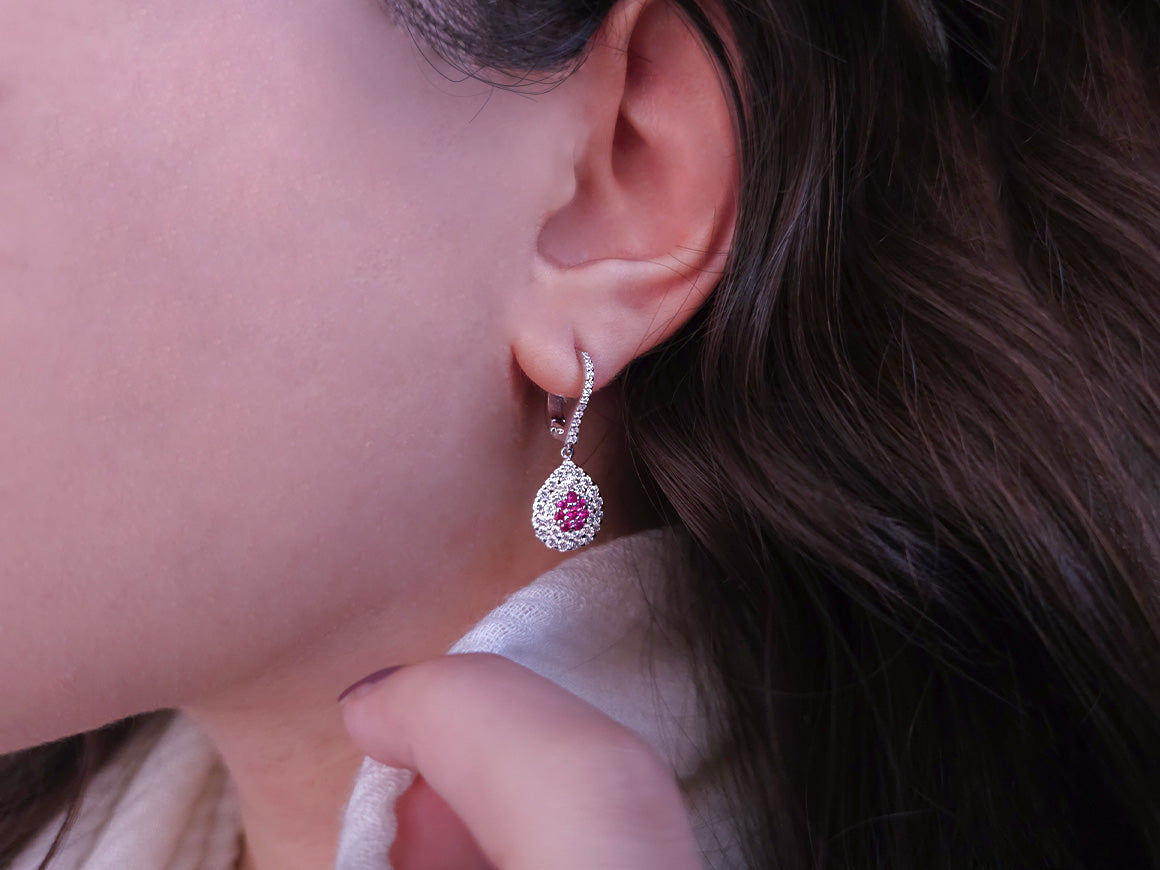 Two-row diamond and ruby earrings in 18 K white gold
