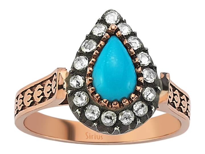 Turquoise diamond rose-cut diamond ring in 8 carat red gold