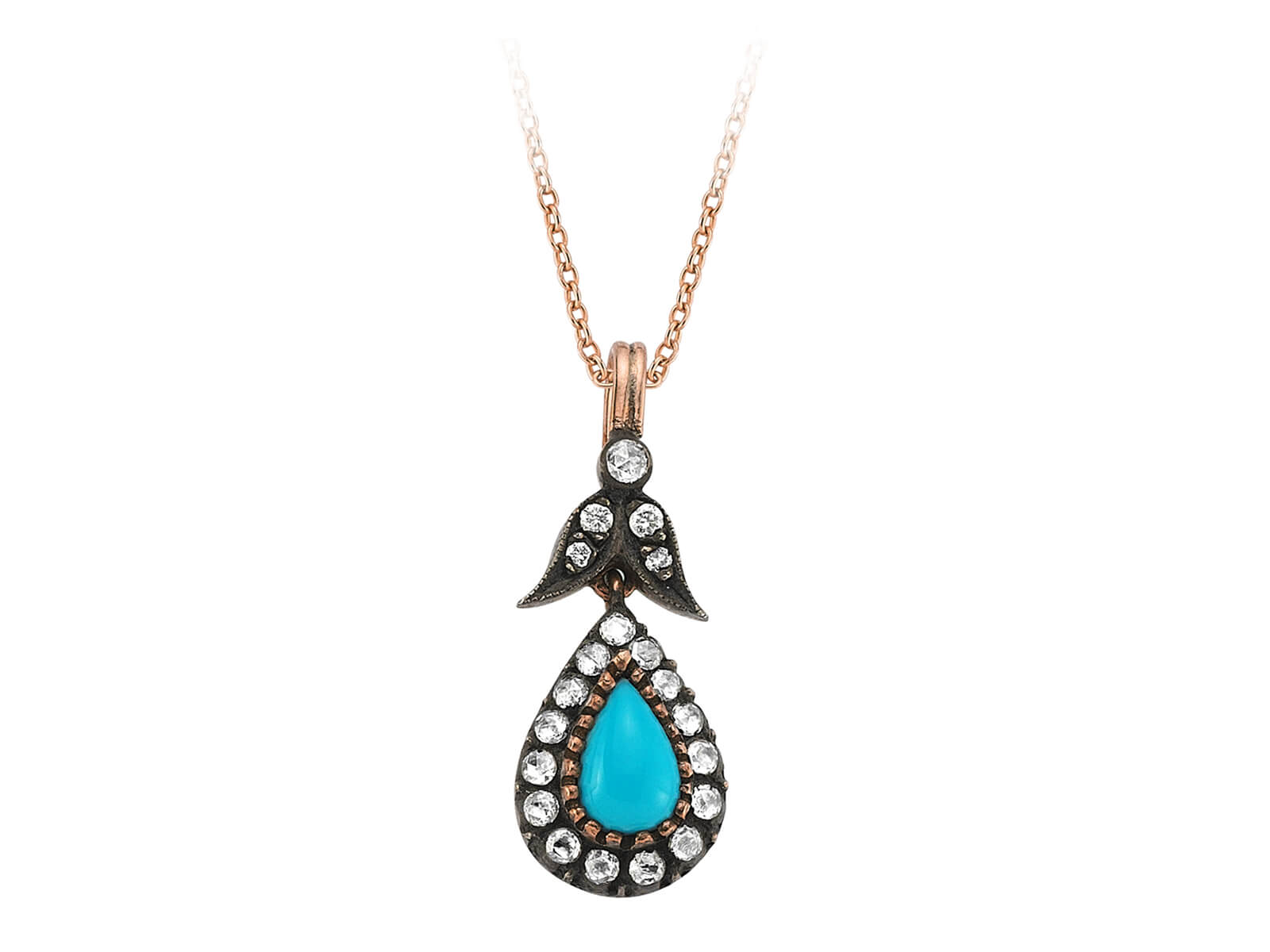 Diamant Türkis Rose-Schliff Collier in 8 Karat Rotgold - handgefertigter Diamantschmuck aus Feingold | Sirius Diamant