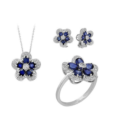Veilchen Schmuckset mit Diamanten und Saphiren aus 585er Weißgold