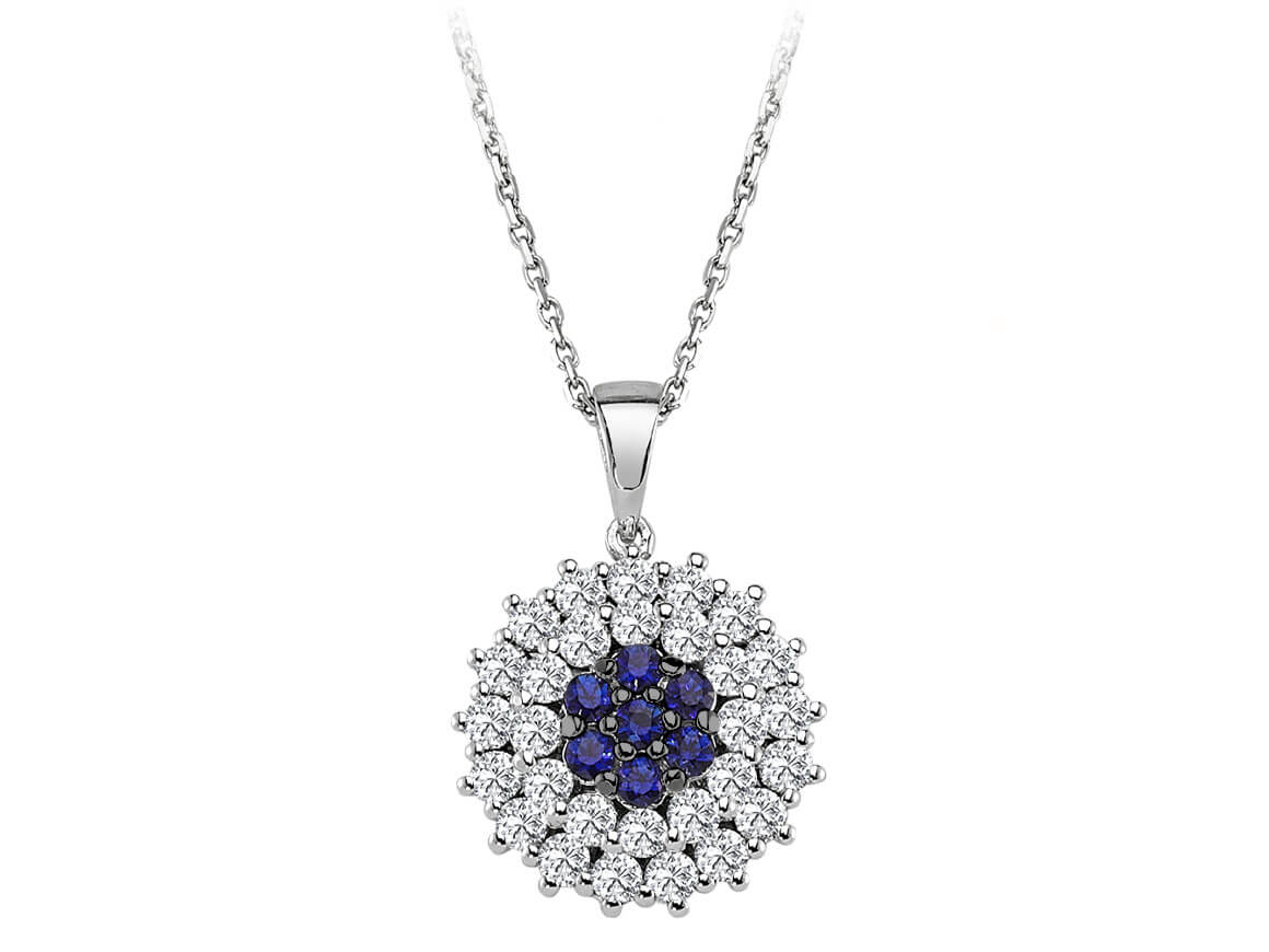 Two-row diamond and sapphire necklace in 14-carat white gold
