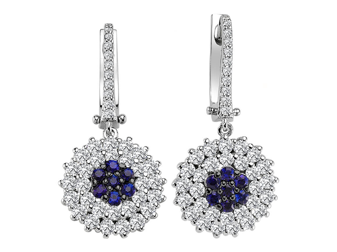 Ohrringe mit Saphiren und doppelreihigen Diamanten - handgefertigter Diamantschmuck aus Feingold | Sirius Diamant