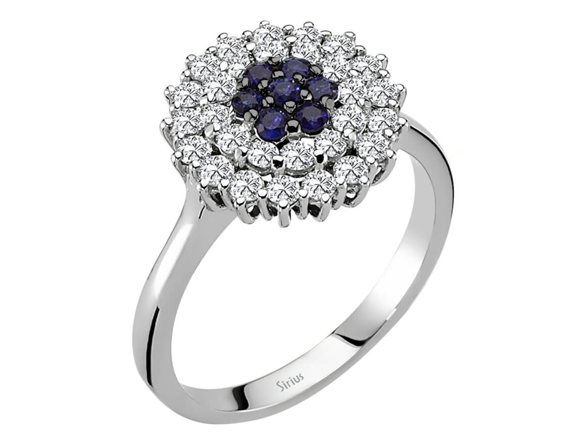 Double row diamond and sapphire ring