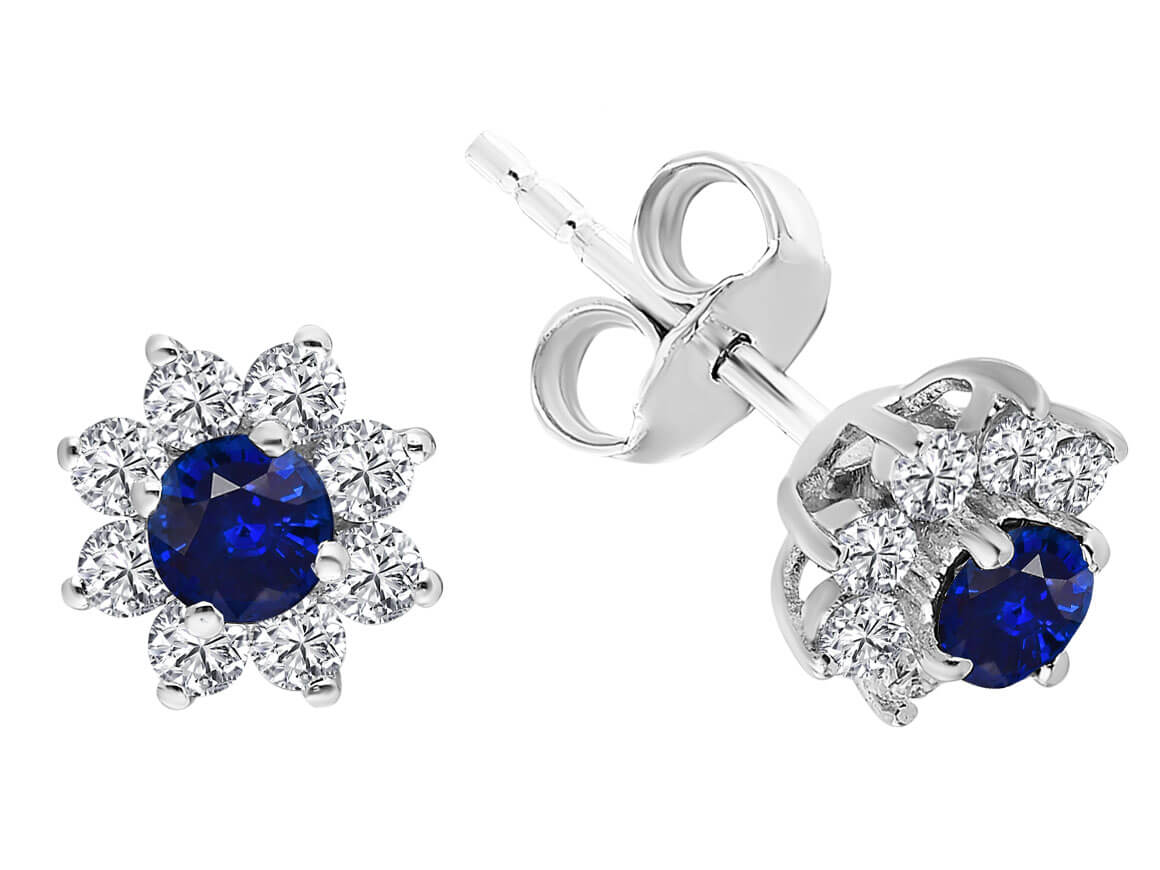 Diamond and sapphire stud earrings in 14 K white gold